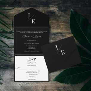 Invitation Tout En Un Mariage monogramme minimal Noir