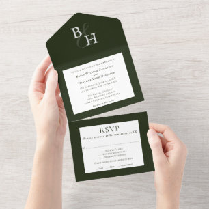 Invitation Tout En Un Mariage Monogramme minimaliste Emerald Green