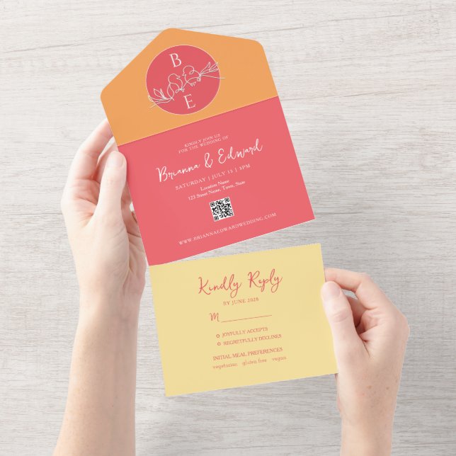 Invitation Tout En Un Mariage Monogramme Orange Pêche (Déchirure)