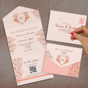 Invitation Tout En Un Mariage Monogramme Rose et Fuschia