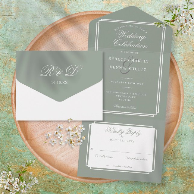 Invitation Tout En Un Mariage Monogramme Vert Sauge Déco Classique (Créateur téléchargé)
