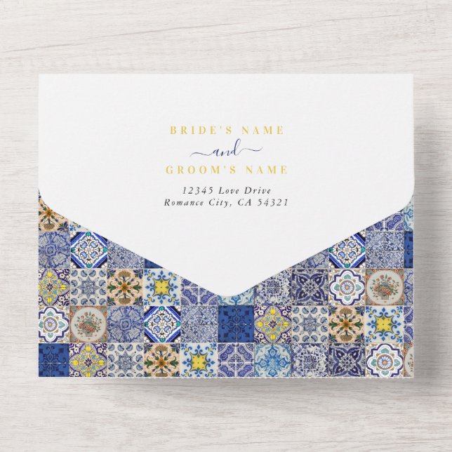 Invitation Tout En Un Mariage Motif de tuiles portugaises méditerranéenn (Verso)