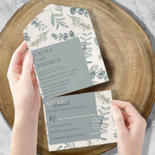 Invitation Tout En Un Mariage Motif moderne Eucalyptus Dusty Blue