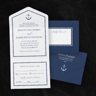 Invitation Tout En Un Mariage Naution Bleu Blanc Ancre 