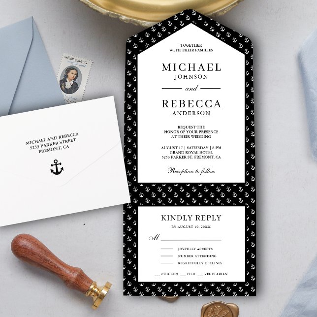 Invitation Tout En Un Mariage nautique Ancres noir et blanc (Créateur téléchargé)