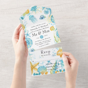Invitation Tout En Un Mariage nautique Blue and Yellow Sea Life