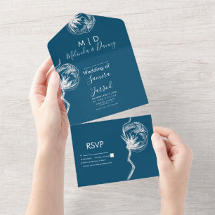 Invitation Tout En Un Mariage Navy Art en Ligne de Plantes de Coton Dess