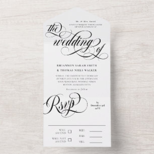 Invitation Tout En Un Mariage noir & blanc Elegant Swirls