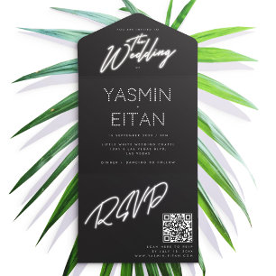 Invitation Tout En Un Mariage Noir & Blanc Glam avec Lumières Néon