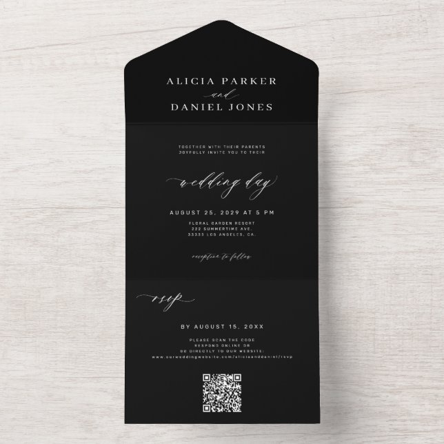 Invitation Tout En Un Mariage noir élégant en ligne code RSVP QR (À l'intérieur)