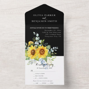 Invitation Tout En Un Mariage noir floral rustique de tournesol