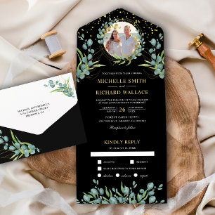 Invitation Tout En Un Mariage noir photo de feuilles d'eucalyptus rustiq