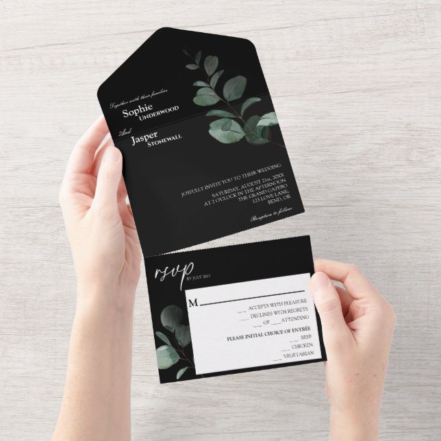 Invitation Tout En Un Mariage noir vert moderne (Déchirure)