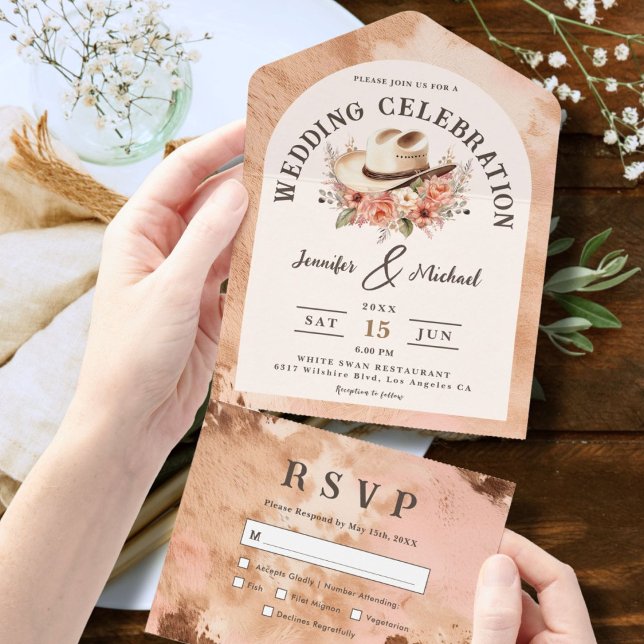 Invitation Tout En Un Mariage Occidental Rose Pâle Cuir de Vache (Créateur téléchargé)