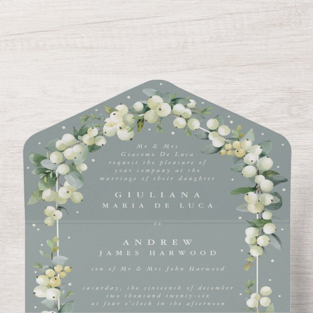 Invitation Tout En Un Mariage officiel Seafoam Green Snowberry+Eucalyptu (À l'intérieur du haut)