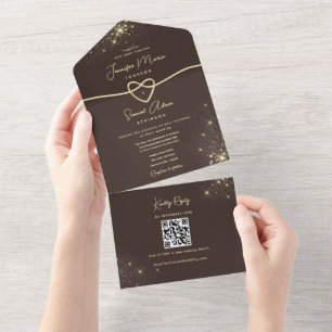 Invitation Tout En Un Mariage Or Marron Espresso QR