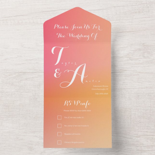 Invitation Tout En Un Mariage Orange Peach Ombre Élégant (À l'intérieur)