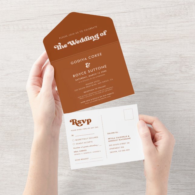 Invitation Tout En Un Mariage orange rétro élégant (Déchirure)