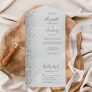Invitation Tout En Un Mariage Pailleté Argent Gris Pâle Moderne