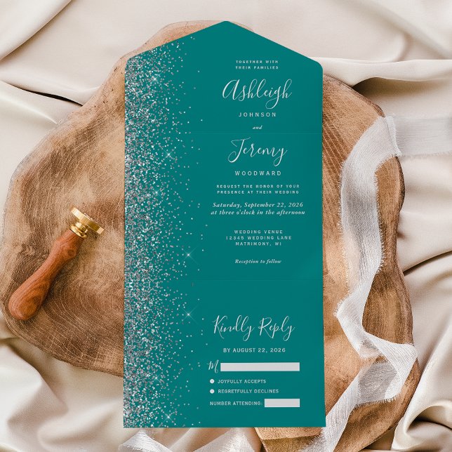 Invitation Tout En Un Mariage Paillettes Bleu Sarcelle Moderne Argent (Créateur téléchargé)