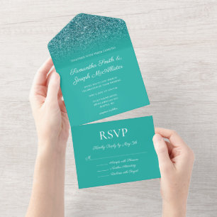 Invitation Tout En Un Mariage Paillettes Dégradé Turquoise Sarcelle