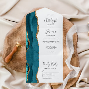 Invitation Tout En Un Mariage Paillettes Or Agate Turquoise
