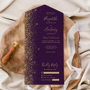 Invitation Tout En Un Mariage Paillettes Or Violet Foncé Moderne