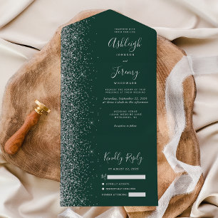 Invitation Tout En Un Mariage Paillettes Vert Émeraude Moderne Argent