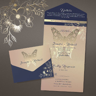 Invitation Tout En Un Mariage Papillon Rose Doré Élégant