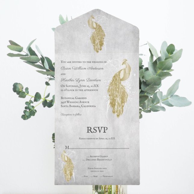 Invitation Tout En Un Mariage Peacock Gold (Gold Peacock All in One Wedding Invite)