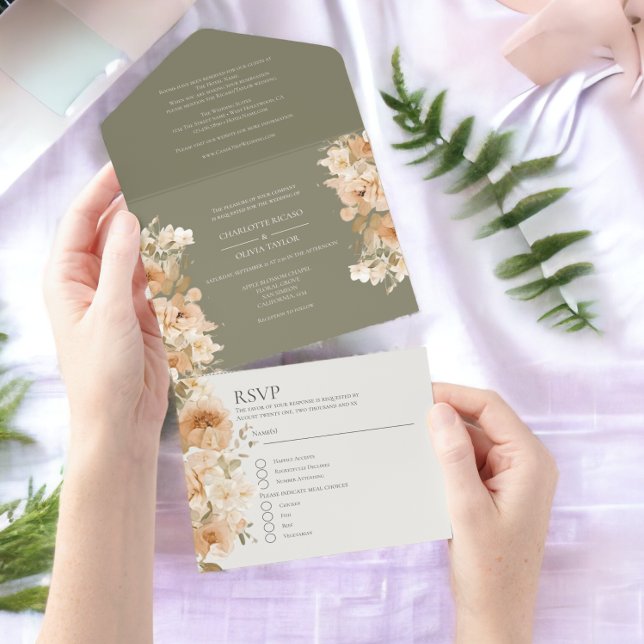 Invitation Tout En Un Mariage personnalisé à fleurs vertes coupées (Muted Green Peach Flower Personalized Wedding All In One Invitation from Ricaso)