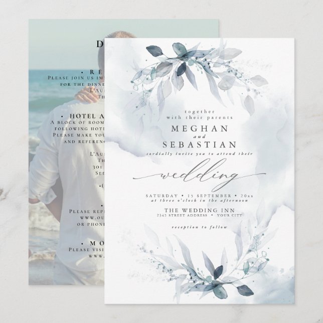 Invitation TOUT en UN Mariage personnalisé Dusty Blue (Devant / Derrière)