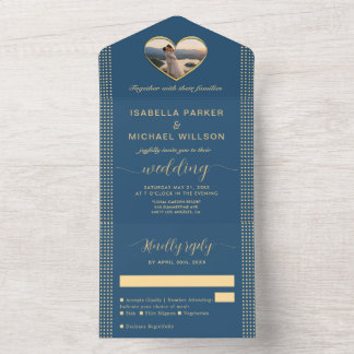 Invitation Tout En Un Mariage personnalisé Gold & Blue pois