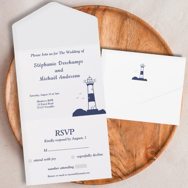 Invitation Tout En Un Mariage phare RSVP (Lighthouse Wedding RSVP All In One Invitation)
