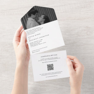 Invitation Tout En Un Mariage photo avec code QR noir et blanc minimalis