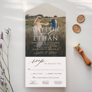 Invitation Tout En Un Mariage Photo Calligraphie Blanche Élégante