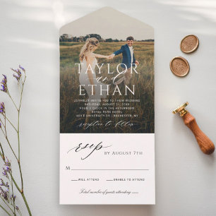 Invitation Tout En Un Mariage Photo Calligraphie Blanche Élégante