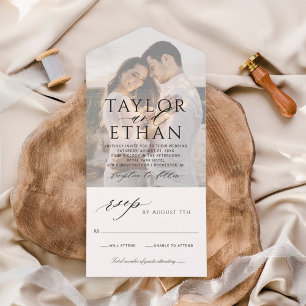 Invitation Tout En Un Mariage Photo Calligraphie Noir Élégant