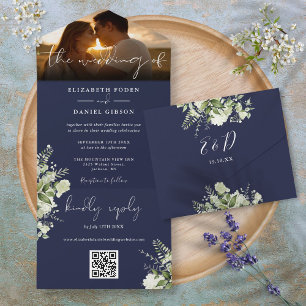 Invitation Tout En Un Mariage Photo Code QR Floral Végétal Bleu Marine