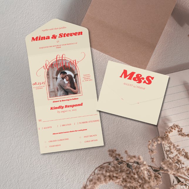 Invitation Tout En Un Mariage photo couleur arc rétro (Créateur téléchargé)