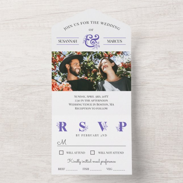 Invitation Tout En Un Mariage photo couleur blanc violet (À l'intérieur)