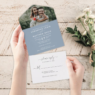 Invitation Tout En Un Mariage photo de calligraphie bleu poussiéreux