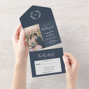 Invitation Tout En Un Mariage photo de couleur d'eau rustique feuille mo