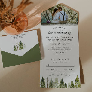Invitation Tout En Un Mariage photo de forêt de pins aquarelle rustique