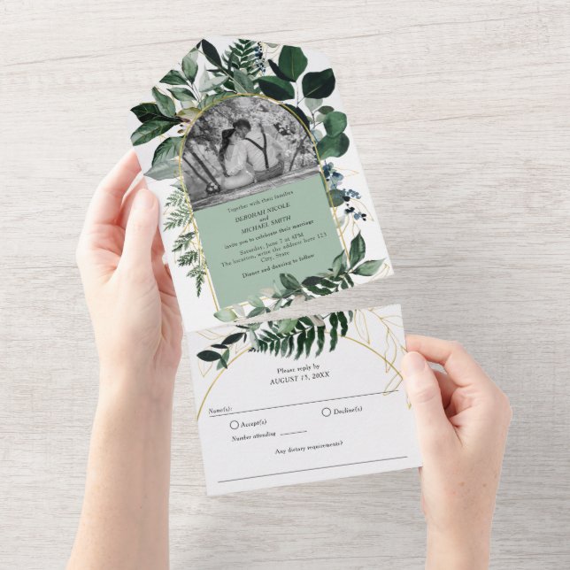 Invitation Tout En Un Mariage photo de jardin botanique moderne Sage Gre (Déchirure)