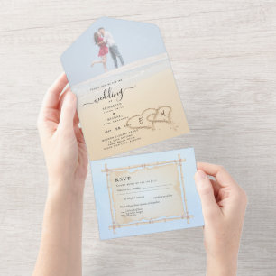 Invitation Tout En Un Mariage photo de plage Inviter RSVP Menu Coeurs Sa