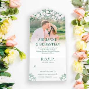 Invitation Tout En Un Mariage photo Deep Green Floral Line