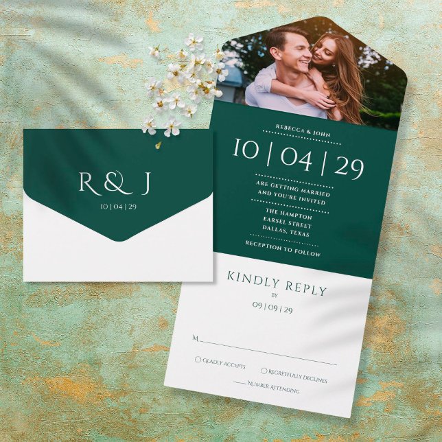 Invitation Tout En Un Mariage photo Emerald Green Monogram Date (Créateur téléchargé)