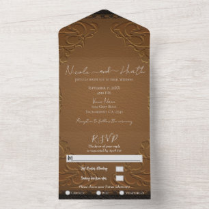 Invitation Tout En Un Mariage Photo en Cuir Brun Brodé Rustique