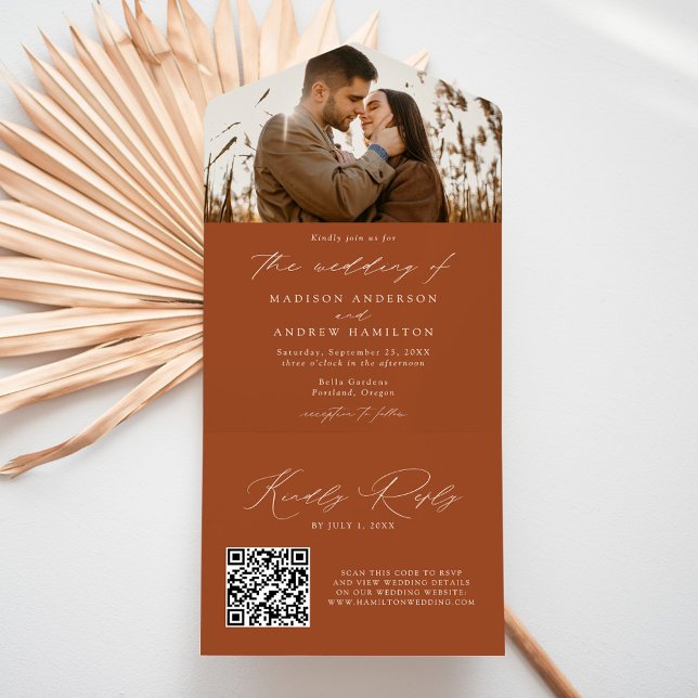 Invitation Tout En Un Mariage photo en terre cuite élégant moderne (Créateur téléchargé)